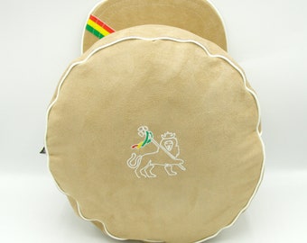 ROYAL CAMEL - Camel Suede Rastafari Crown, Lion of Judah embroidery, Red Gold green ribbon, Satin lined. Rasta hat for dreadlocks with brim