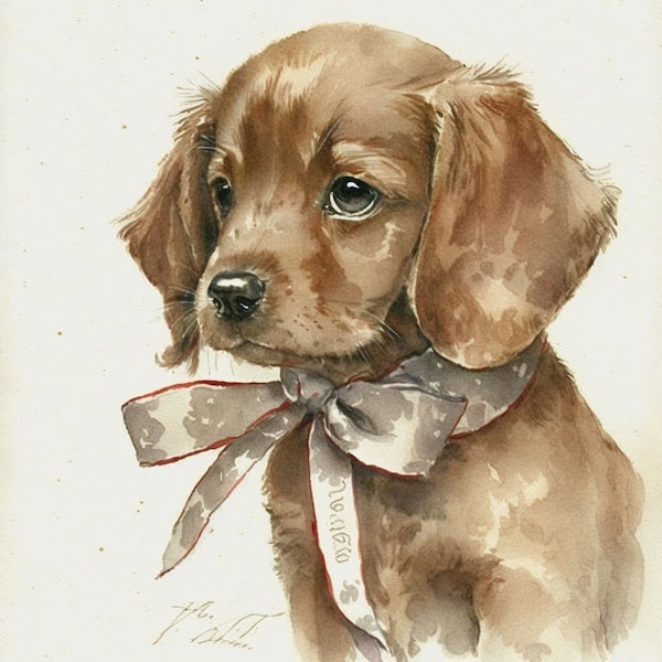 Home Decor Cute Wall Art DIGITAL ART 1024px x1024px - chiot teckel de style aquarelle vintage avec noeud beige