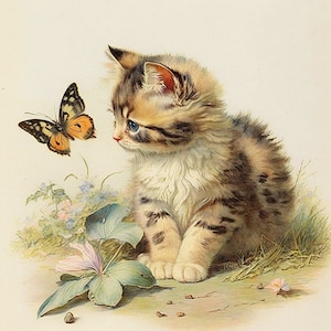 Home Decor Cute Wall Art Vintage watercolor style kitten playing with butterfly - DIGITAL ART 1024px x1024px