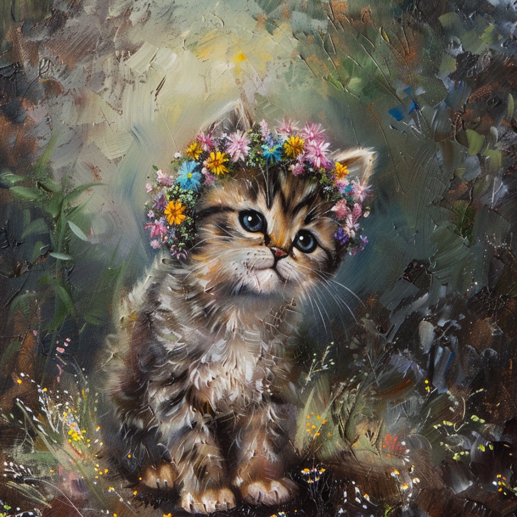 ヴィンテージ子猫の油絵 - 花冠のホームデコレーション（PDF） - Etsy 日本
