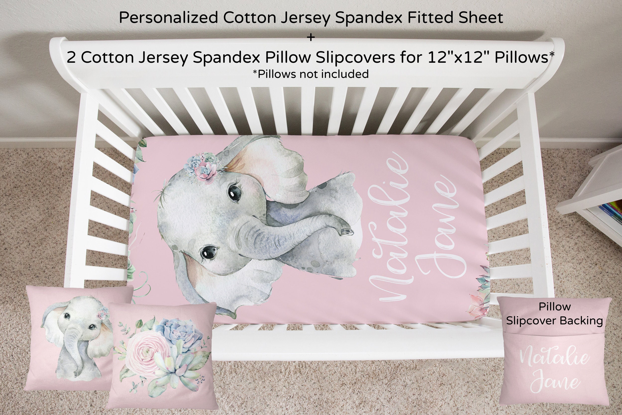 Personalized Elephant Baby Bedding Pink Succulent Nursery Etsy UK