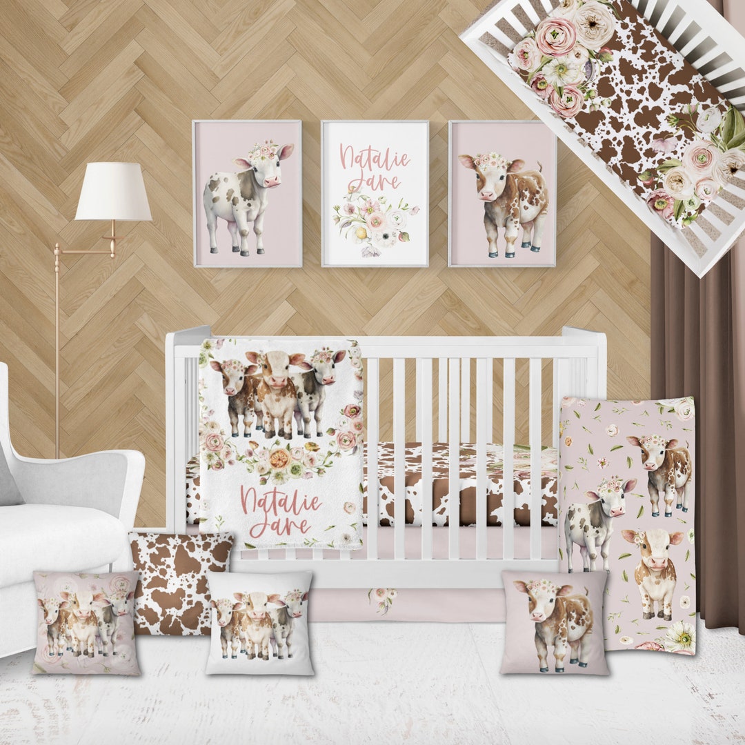 Cow Baby Girl Crib Bedding Set Personalized Pink Cattle Minky Etsy