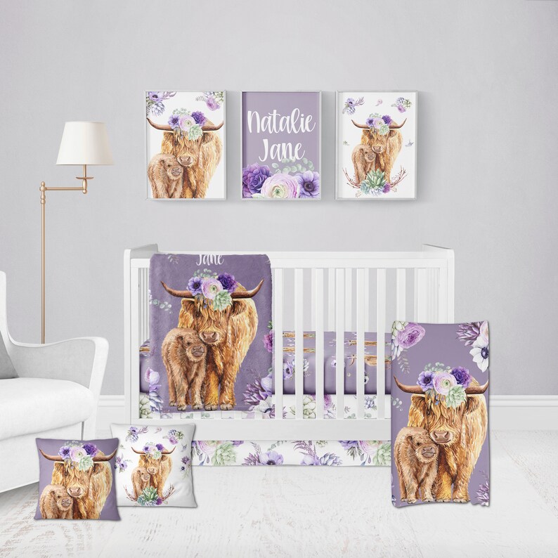 Highland Cow Baby Girl Crib Bedding Set Purple Minky Blanket Etsy