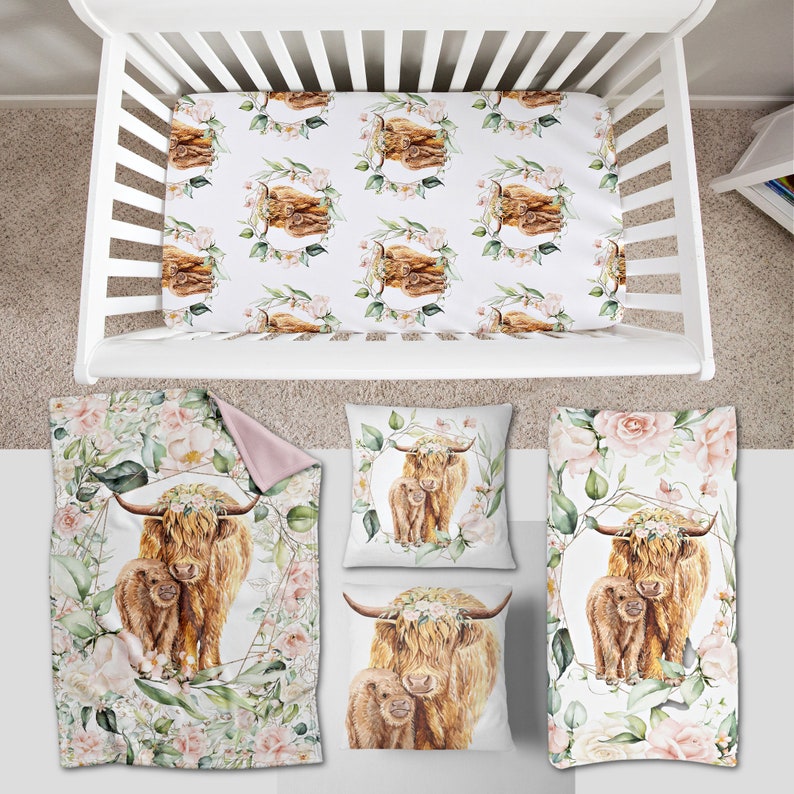 Highland Cow Baby Girl Crib Bedding Set Pink Green Minky Etsy