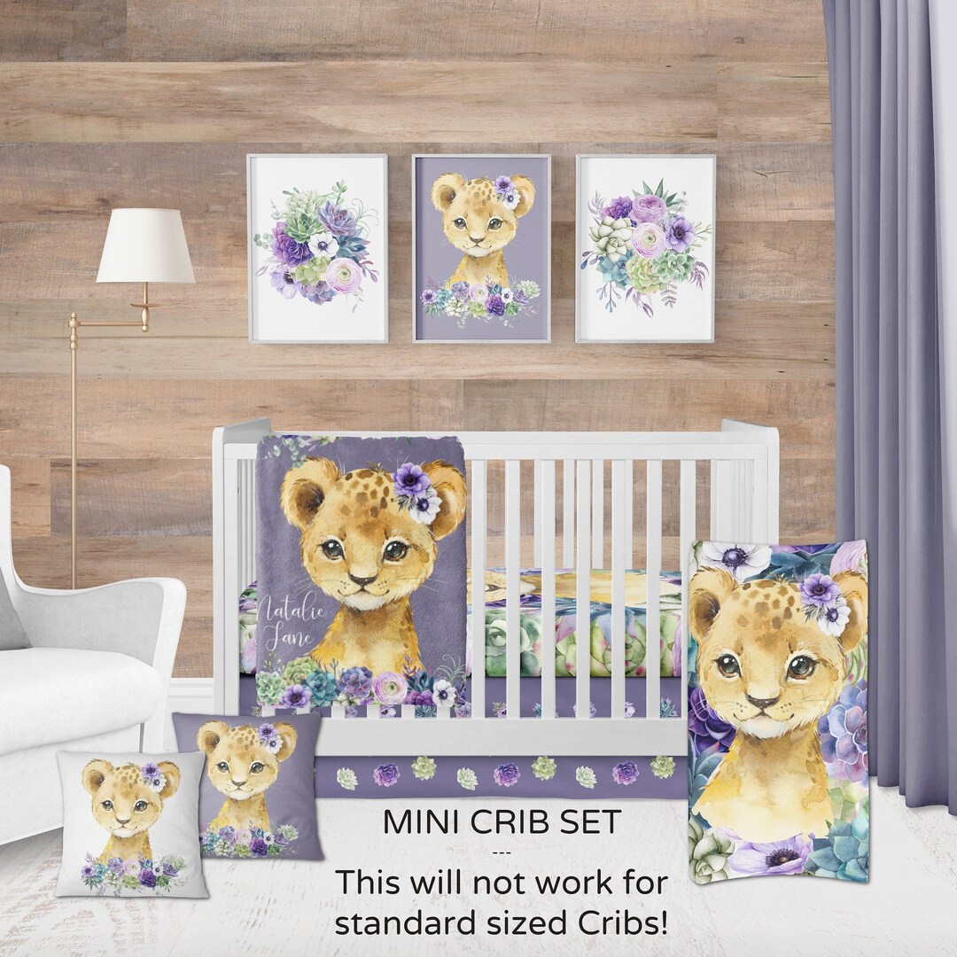 Baby Girl MINI CRIB Set, Lion Bedding, Purple Minky Blanket, Turquoise