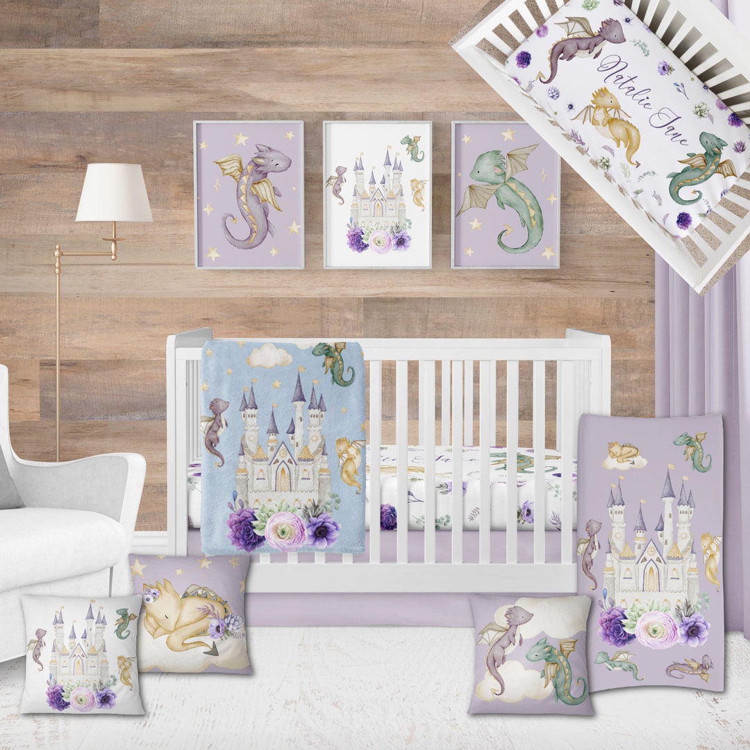 Personalized Dragon Baby Girl Crib Bedding Set, Purple Castle Blanket