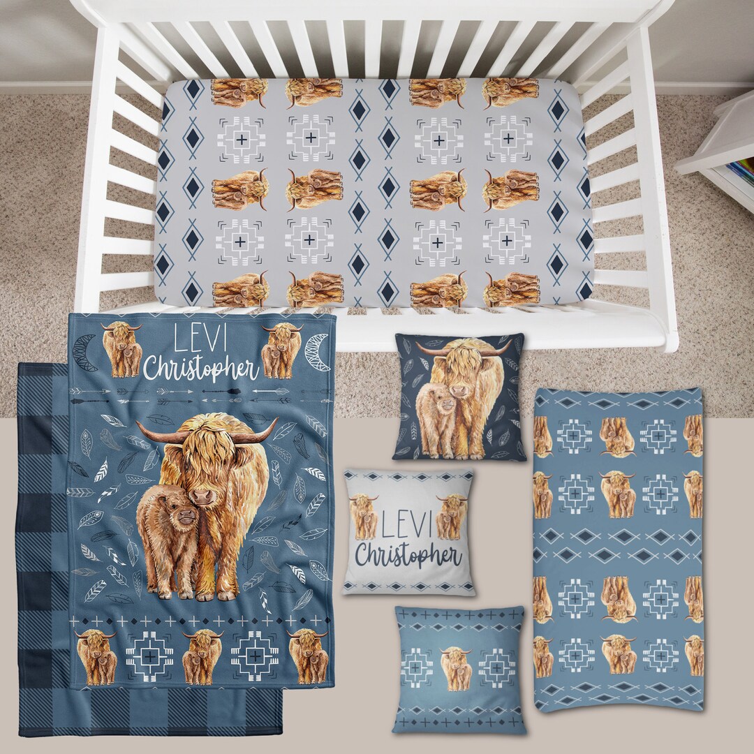 Personalized Highland Cow Baby Boy Crib Bedding Set Tribal Etsy