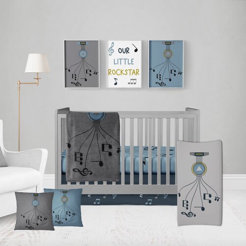 Guitar Baby shops Bedding, Navy, Blue, Grey & Gold Minky Blanket, Personalized Toddler Bedding, Boy Nursery Crib Set, Fitted Sheet, Cover, Skirt