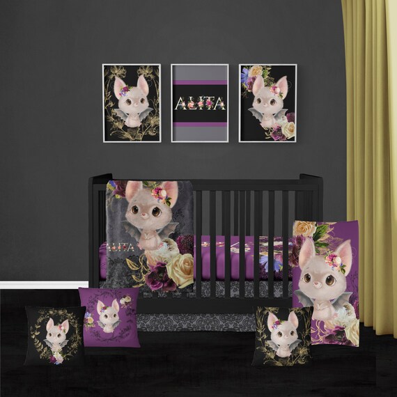 Personalized Goth Baby Girl Crib Set Bat Minky Blanket Etsy