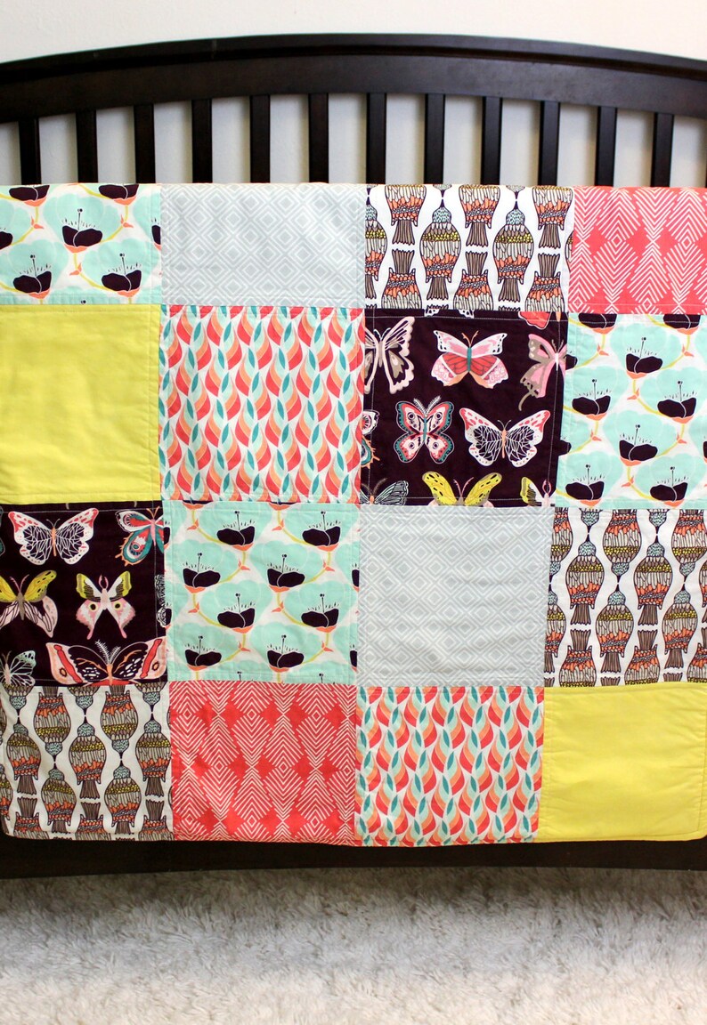 Coral Blue Purple Grey Yellow Crib Quilt Butterfly Baby Blanket Patchwork Quilt Floral Baby Bedding Butterfly Baby Girl Quilt