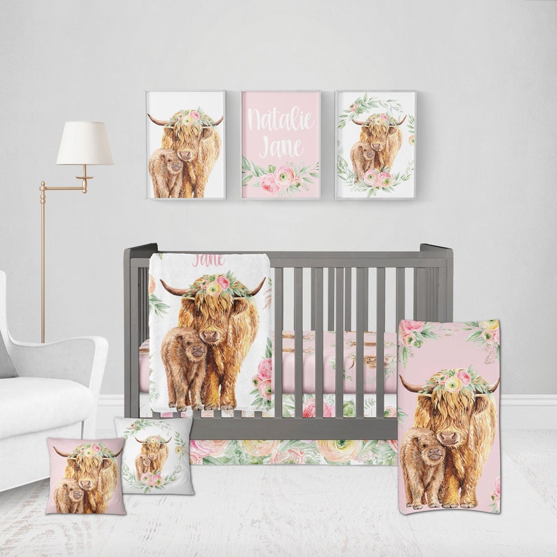 Highland Cow Baby Girl Crib Bedding Set Pink Yellow Minky Etsy