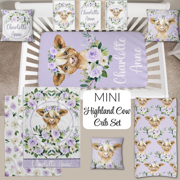 MINI CRIB Set, Personalized Highland Cow Baby Girl Bedding, Purple Minky Blanket, Fitted Sheet, Slipcovers, Mini Crib Skirt, Farm Nursery