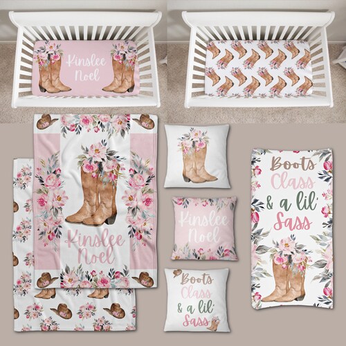 Cowgirl Baby Girl Bed Set, popular Personalized Crib Bedding, Southwestern Boots Blanket, Jersey Fitted Sheet, Changing Pad Cover, Floral Crib Skirt