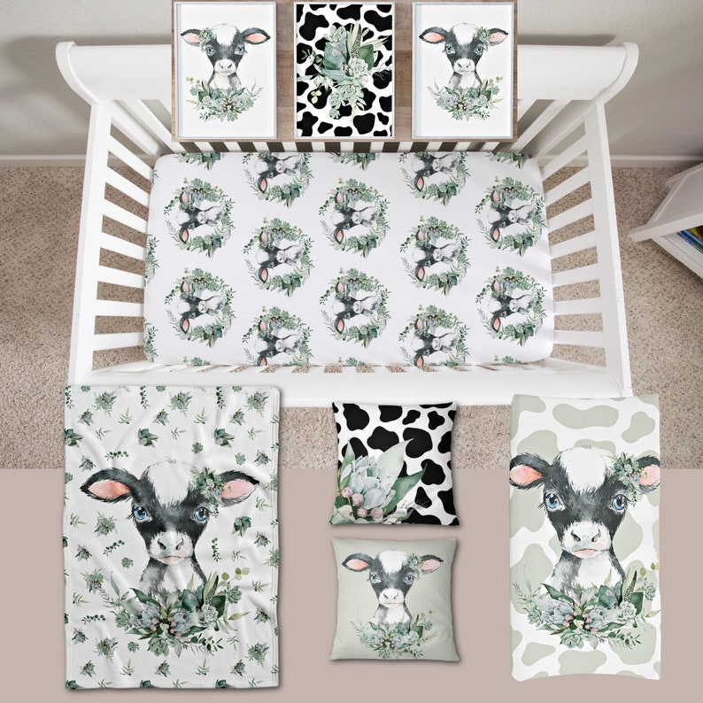 Cow Print Nursery Crib Set Green Farmhouse Bedding Succulent Etsy