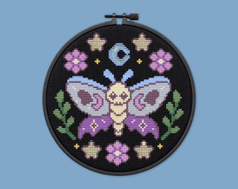 Moonlit Skull Moth Cross Stitch Pattern, Whimsical, Pastel Goth, Moon and Stars, PDF Download