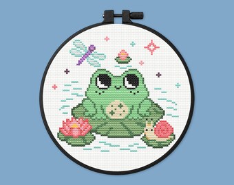 Whimsical Frog Cross Stitch Pattern, Enchanted Pond Scene, Snail, Dragonfly (PDF Download)