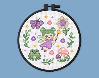 Fairy Garden Cross Stitch Pattern, Whimsical, Cottage Core, Frog, Butterfly, Mushroom, PDF Download