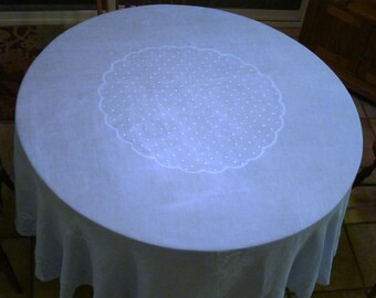 Vintage Baby Blue Circular Tablecloth Floral Motif Scalloped Embroidered Edge Semi-Sheer Cotton Tablecloth Excellent Condition