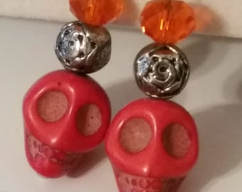 Red Crystal Skull Earrings, Skull Tribal Earrings, Skull Earrings Dangle, Red Crystal Skull, Halloween Earrings, Skull Witch Earrings