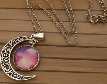 Crescent Moon Necklace: Forest Moonlit Sky Photo Pendant