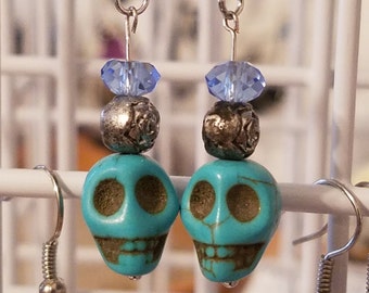 Blue Crystal Skull Earrings, Skull Witchy Earrings, Blue Edgy Earrings, Skull Earrings Dangle, Skull Tribal Earrings, Blue Witch Earrings