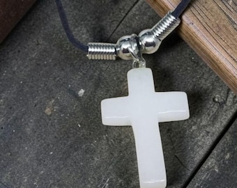 Clear Quartz Cross Necklace, Crystal Cross Pendant on Black Cord