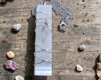 Selenite Crystal Necklace, Healing Crystal Necklace, Angel Wings Castiel Necklace, Raw Crystal Necklace, Selenite Pendant Necklace