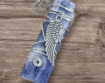 Blue Kyanite Necklace, Angel Wing Wire Wrapped Crystal Pendant