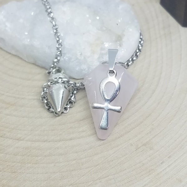 Rose Quartz Crystal Pendulum, Rose Quartz Pendulum,Rose Quartz Dowsing Pendulum,Scrying Manifestation Quartz,Healing Crystals Ankh Jewelry