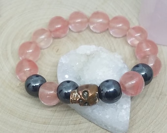 Cherry Quartz Stretch Bracelet, Hematite Crystal Bracelet, Quartz Skull Bracelet, Cherry Quartz Skull Bracelet, Hematite Boho Bracelet