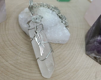 Angel Wing Necklace, Crystal Quartz Angel Necklace, Crystal Quartz Necklace, Crystal Point Angel Necklace, Crystal Pendulum Necklace