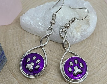 Paw Print Earrings, Purple Earrings, Cat Earrings Dangle, Dog Mom Dangle Earrings, Animal Lover Gift, Earrings Snap Jewelry, Unique Earrings