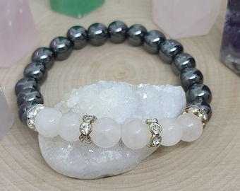 Quartz Crystal Bracelet, Quartz Hematite Bracelet, Quartz Gemstone Bracelet, Clear Quartz Energy Bracelet, Quartz Crystal Jewelry