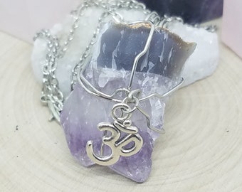 Amethyst Wirewrapped Crystal Necklace, Amethyst Wirewrapped Om Necklace, Amethyst Necklace, Raw Amethyst Necklace, Raw Amethyst Cluster