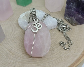 Rose Quartz Necklace, Rose Quartz Crystal,Rose Quartz Pendant Necklace,Empath Protection Amulet,OM Necklace,Healing Crystals Chakra Necklace