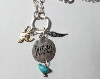 Be Blessed Silver Hand Stamped Pendant Necklace, Silver Angel Hammered Hand Stamped Jewelry, Engraved Silver Inspirational Necklace