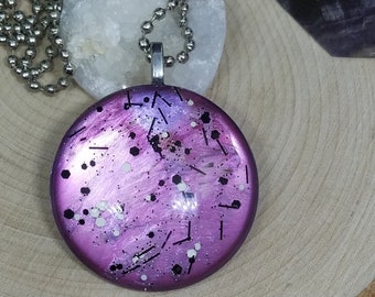 Hand Painted Polka Dotted Purple Glass Pendant Necklace, Splatter Art Deco Glass Jewelry, Boho Costume Fashion Jewelry, Wearable Glass Art