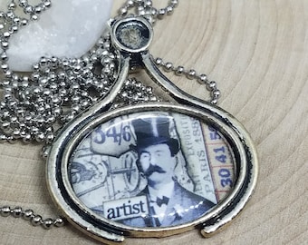 Be An Artist Cameo Necklace,1950s Vintage Necklace,Silver Jewelry Picture Necklace,Message Necklace Photo Pendant,Tim Holtz Message Necklace