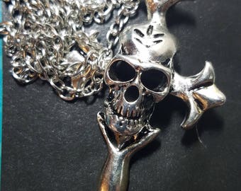 Skull Head Cross Necklace,Skull Head Pagan Necklace,Mens Cross Necklace Skull Jewelry,Skull Pendant Goth Necklace,Skull Head Wiccan Necklace