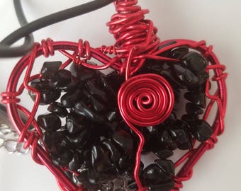 Black Onyx Necklace, Black Onyx Pendant, Red Heart Necklace, Onyx Wiccan Necklace, Black Onyx Crystal Heart, Onyx Necklace, Onyx Pendant