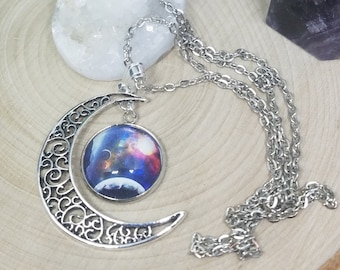 Silver SPACE And PLANETS Nebula Crescent Moon Pendant Necklace,Silver Moon And Stars Jewelry, Boho Costume Fashion Jewelry, Gothic Steampunk