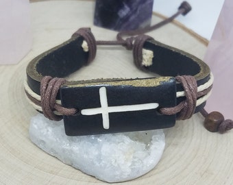Cross Wooden Bracelet, Cross Mens Bracelet, Cross Bracelet, Cross Leather Bracelet, Cross Religious Jewelry, Cross Wooden Jewelry