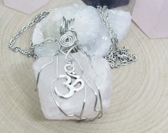 Rose Quartz Necklace, Rose Quartz OM Necklace, Rose Quartz Crystal Pendant, Raw Crystal Necklace,Rose Quartz Pendant,Wirewrapped Rose Quartz