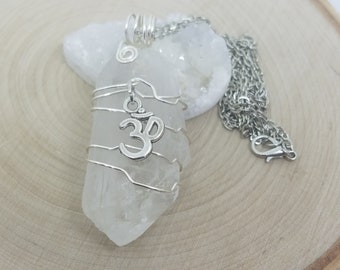 Crystal Point Quartz Necklace, Crystal Pendulum Necklace, Quartz Cluster Om Pendant,Raw Crystal Necklace,Raw Stone Necklace, Quartz Necklace