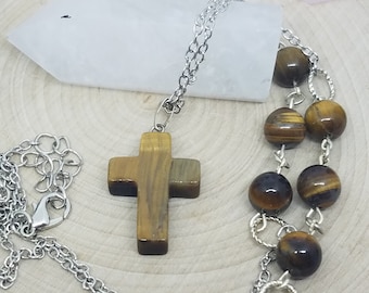 Crystal Cross Necklace, Tigers Eye Cross Necklace, Tigers Eye Crystal Cross Necklace, Men's Stone Cross Necklace, Religious Cross Necklace