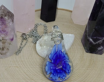 Blue Blown Glass Pendant Necklace, Blue Floral Necklace, Blue Flower Necklace, Wirewrapped Glass Jewelry, Blue Pendant Necklace