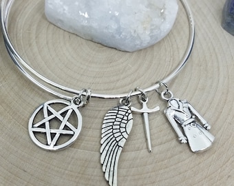 Castiel Silver Bangle Bracelet, Solid Silver Bangle, Supernatural Bangle Bracelet, Castiel Charm Bracelet, Supernatural Silver Bangle