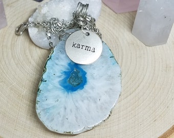 Quartz Crystal Geode Necklace,Agate Slice Pendant Geode Pendant,Quartz Crystal Karma Necklace, Raw Stone Necklace, Agate Slice Stone Pendant