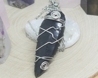 Wirewrapped Obsidian Necklace, Obsidian Arrowhead Necklace, Black Obsidian Pendant, Obsidian Crystal Necklace, Arrowhead Necklace