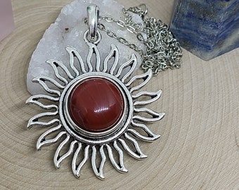 Aventurine Carnelian Necklace, Red Aventurine Sun Necklace, Aventurine Sun Pendant, Red Aventurine Carnelian Necklace, Silver Sun Necklace